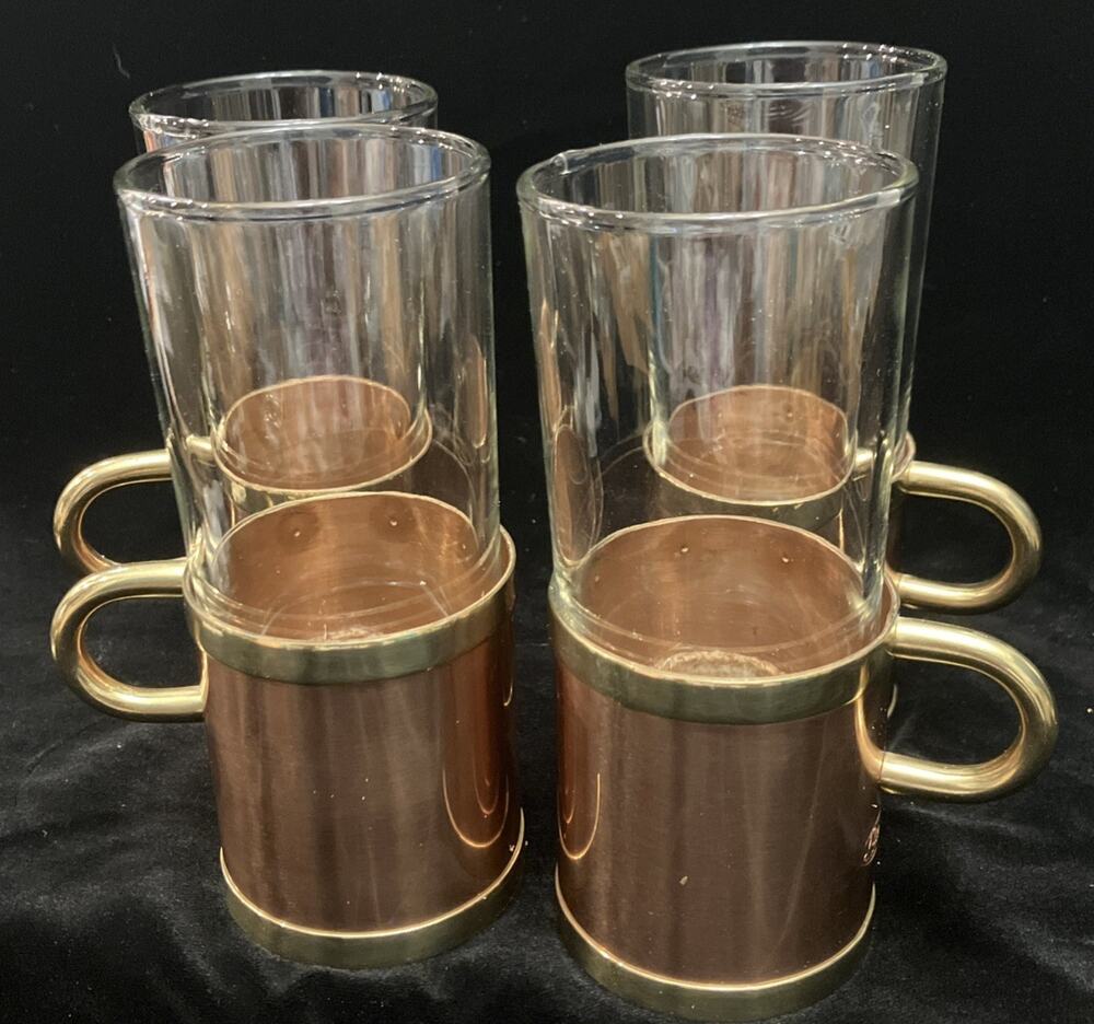 Vintage Beucler Copper & Brass Irish/Turkish Coffee Cobra Glass Cups Set Of 4
